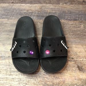Crocs Classic Solarized Black Glittery Slides Sandals  Womens sz 7 worn 1 x EUC